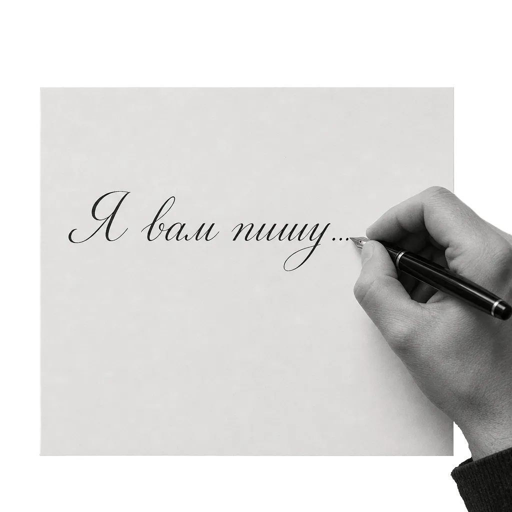 Рука пишет на листе: Я вам пишу ...
