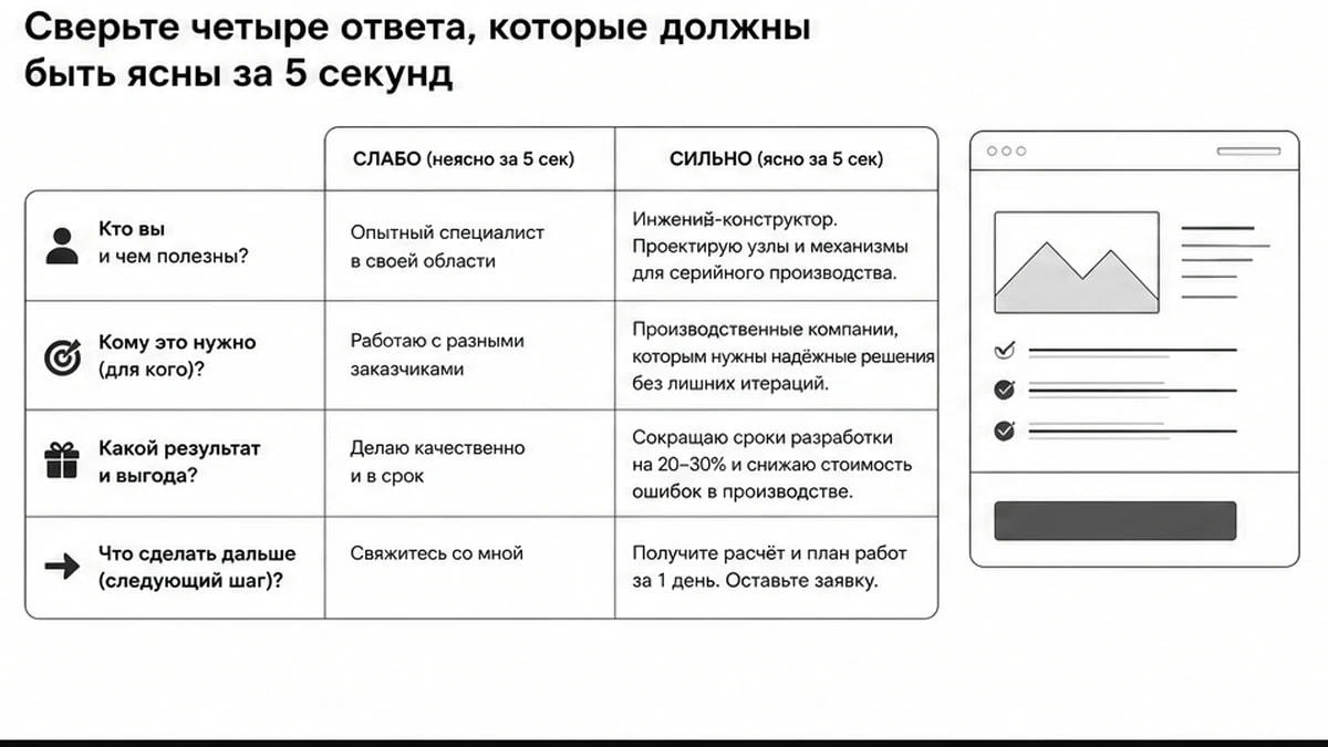 Таблица четырёх ответов, которые должны быть ясны на первом экране за 5 секунд