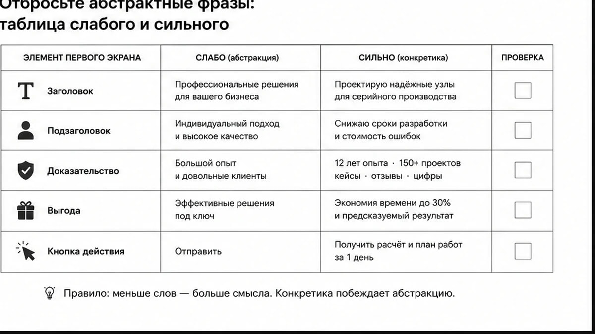 Сравнительная таблица слабых и сильных формулировок для hero-блока сайта эксперта