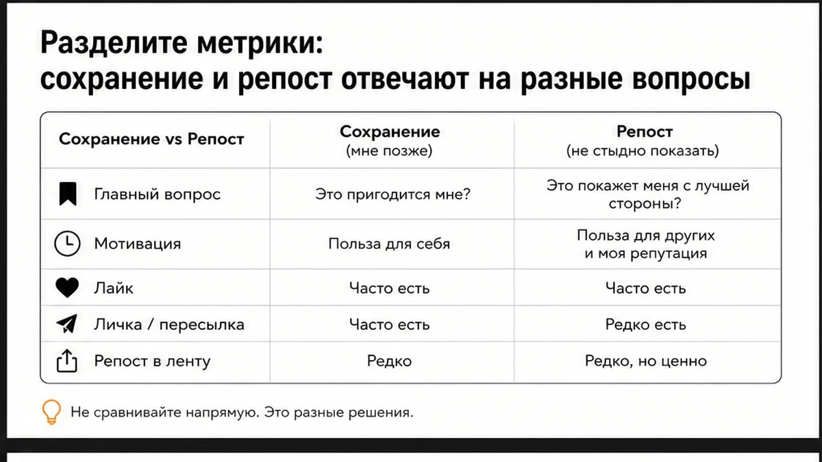 Сравнительная таблица метрик: сохранение — личная польза, репост — публичное самоопределение