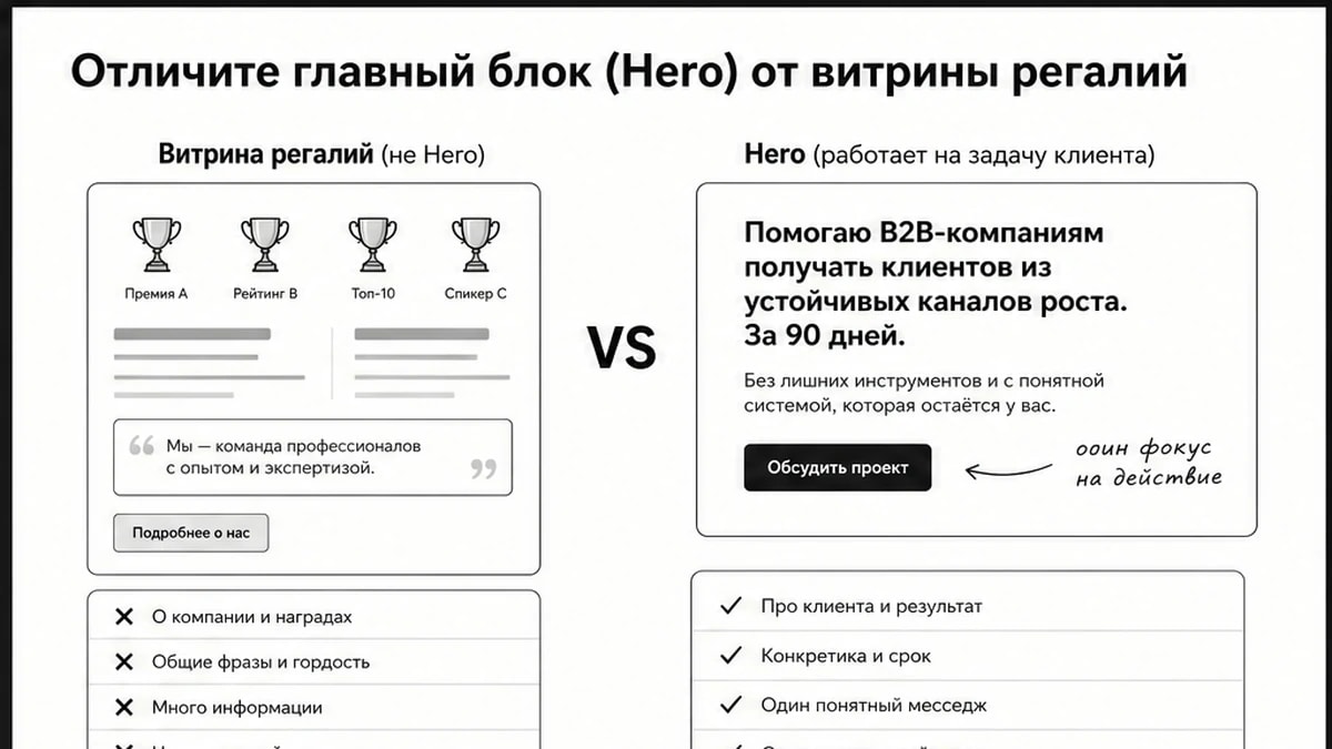 Инфографика: отличие главного блока Hero от витрины регалий и дипломов