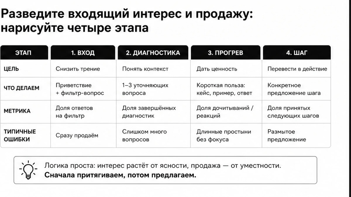 Сравнительная таблица четырёх этапов карты директа: от входящего интереса к продаже