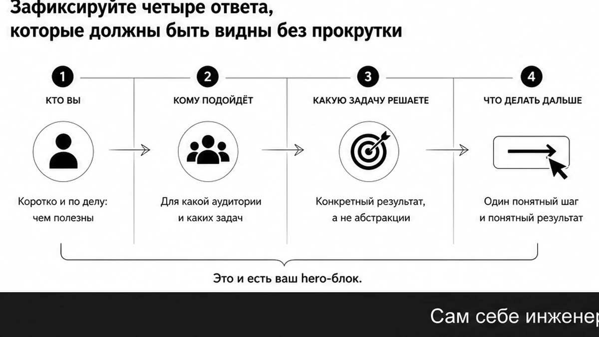 Workflow четырёх ответов первого экрана: кто, кому, задача и действие по кнопке
