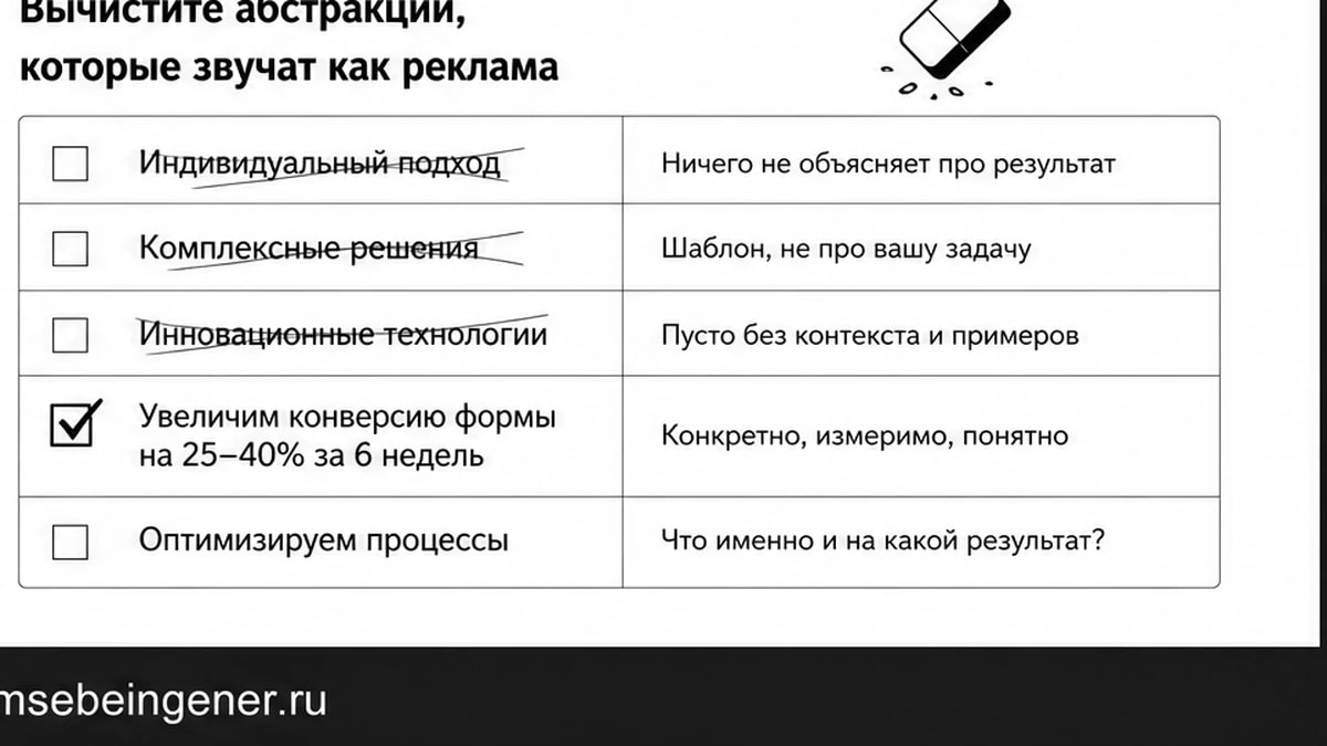 Чеклист замены абстрактных формулировок hero на конкретные клиентские фразы