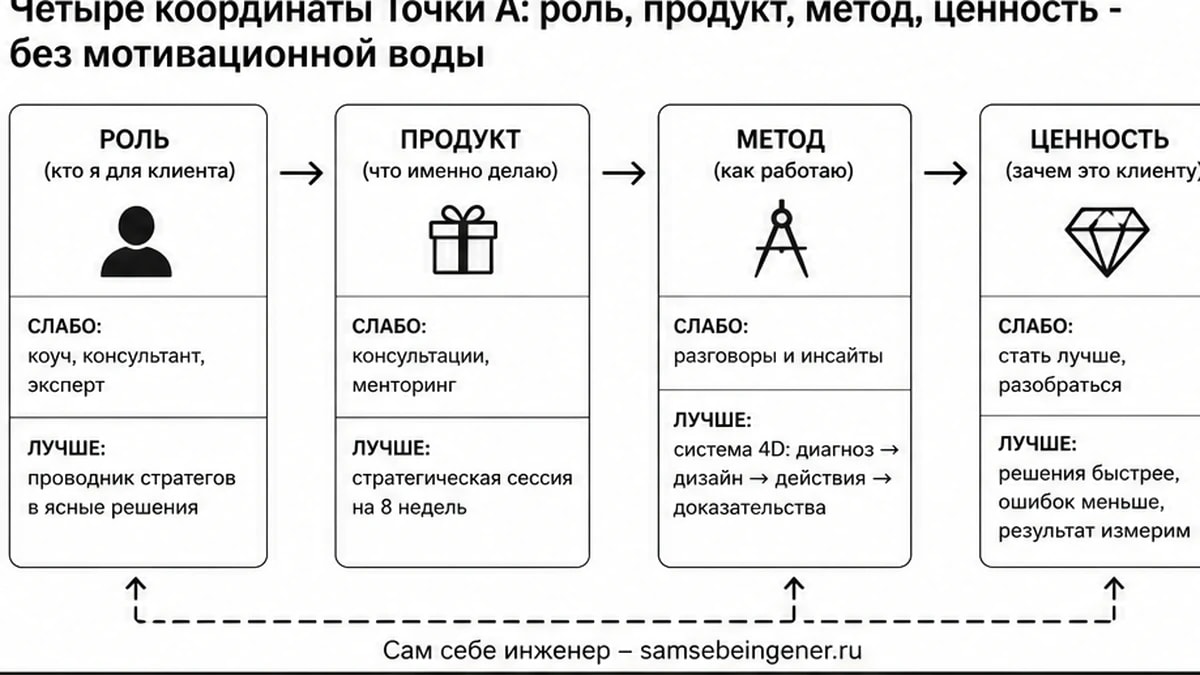 Схема четырёх координат Точки А эксперта: роль, продукт, метод и ценность