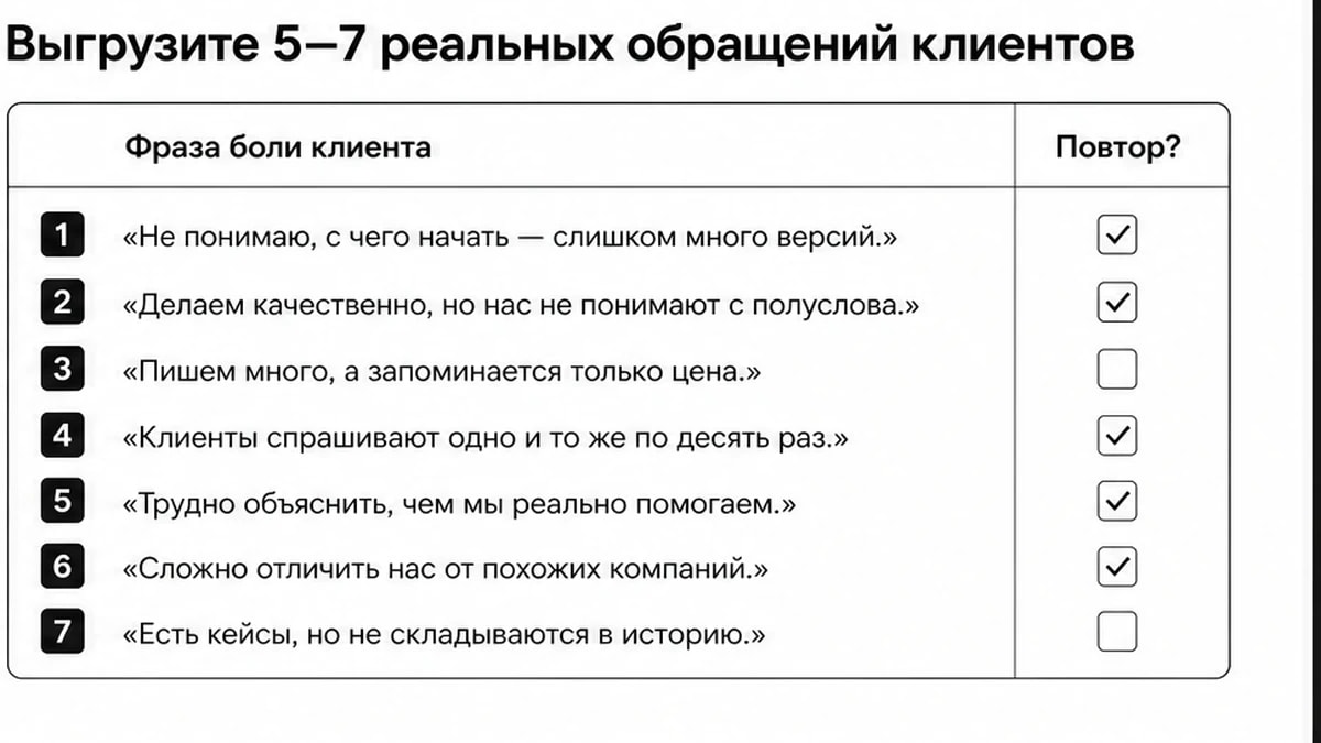 Таблица реальных обращений клиентов с фразами боли и отметками повторов