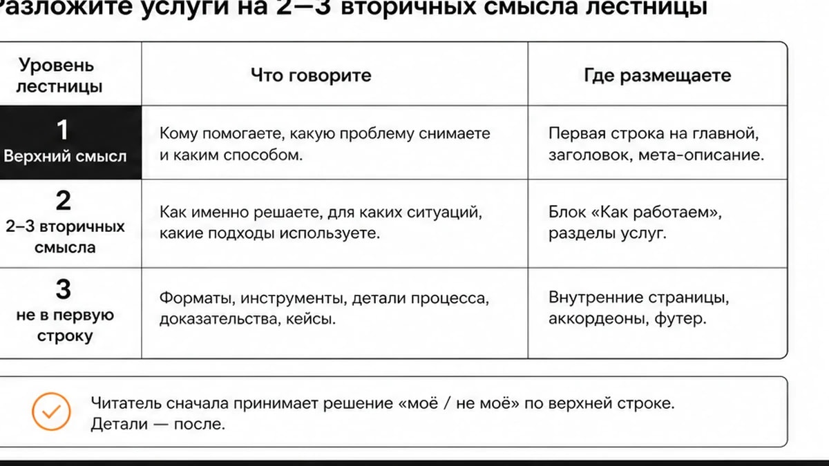 Чеклист уровней лестницы смыслов: верхний, вторичные и не в первую строку