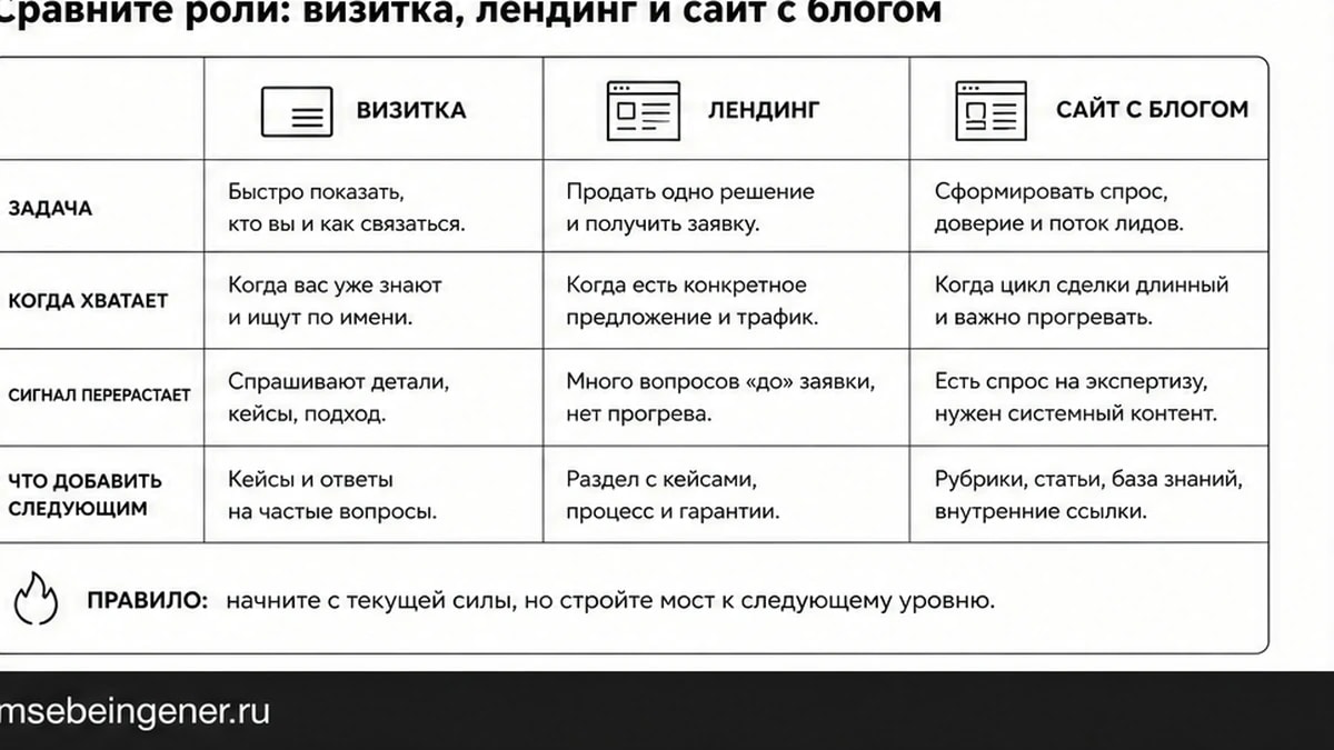 Инфографика сравнения ролей: визитка, лендинг и сайт с блогом с сигналами перерастания формата