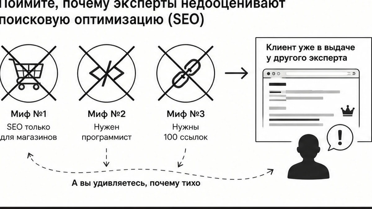 Схема трёх мифов о SEO и реальной цены: клиент уходит к тому, кто уже в выдаче