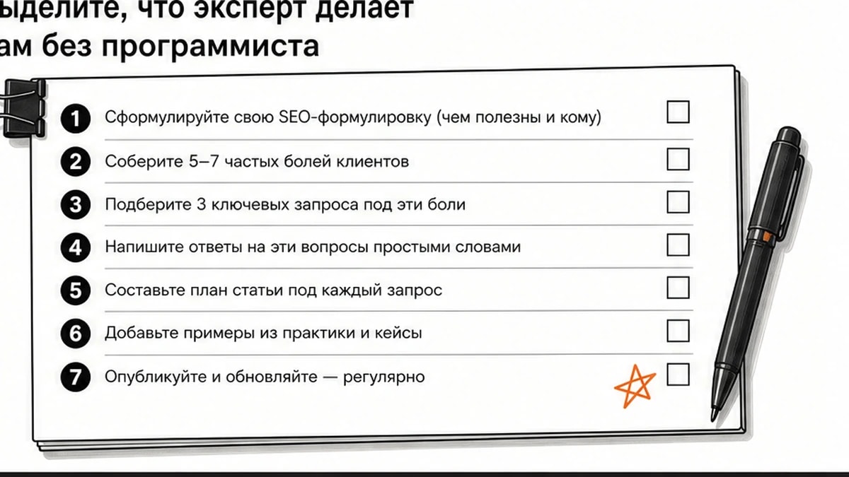 Чеклист семи действий эксперта по SEO без программиста: от формулировки до горизонта 4-12 месяцев
