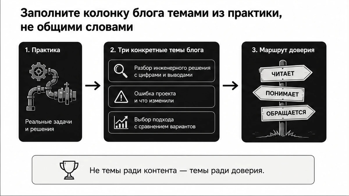 Workflow заполнения колонки блога: от практики к трём конкретным темам и маршруту доверия