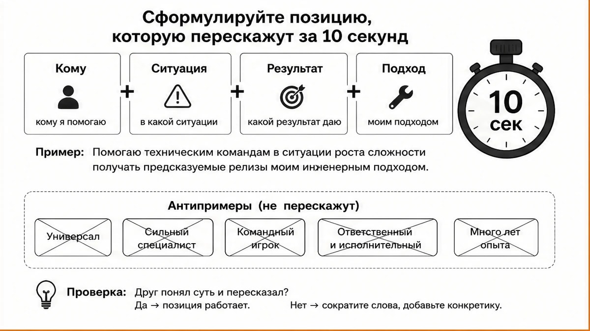 Чеклист формулы позиции эксперта: кому, ситуация, результат и подход с таймером на 10 секунд