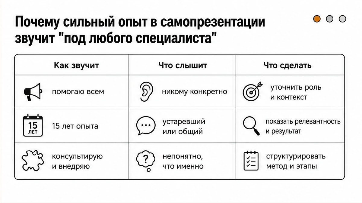 Таблица: размытая самопрезентация «под любого» vs что слышит клиент и что изменить