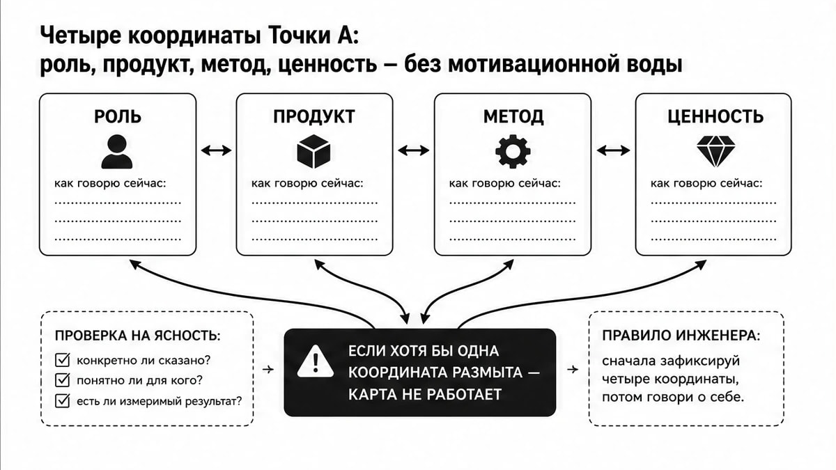 Схема четырёх координат Точки А с полями «как говорю сейчас» на одной странице