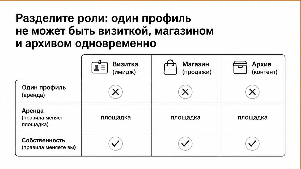 Сравнительная таблица ролей профиля: визитка, магазин, архив, метки аренда/собственность