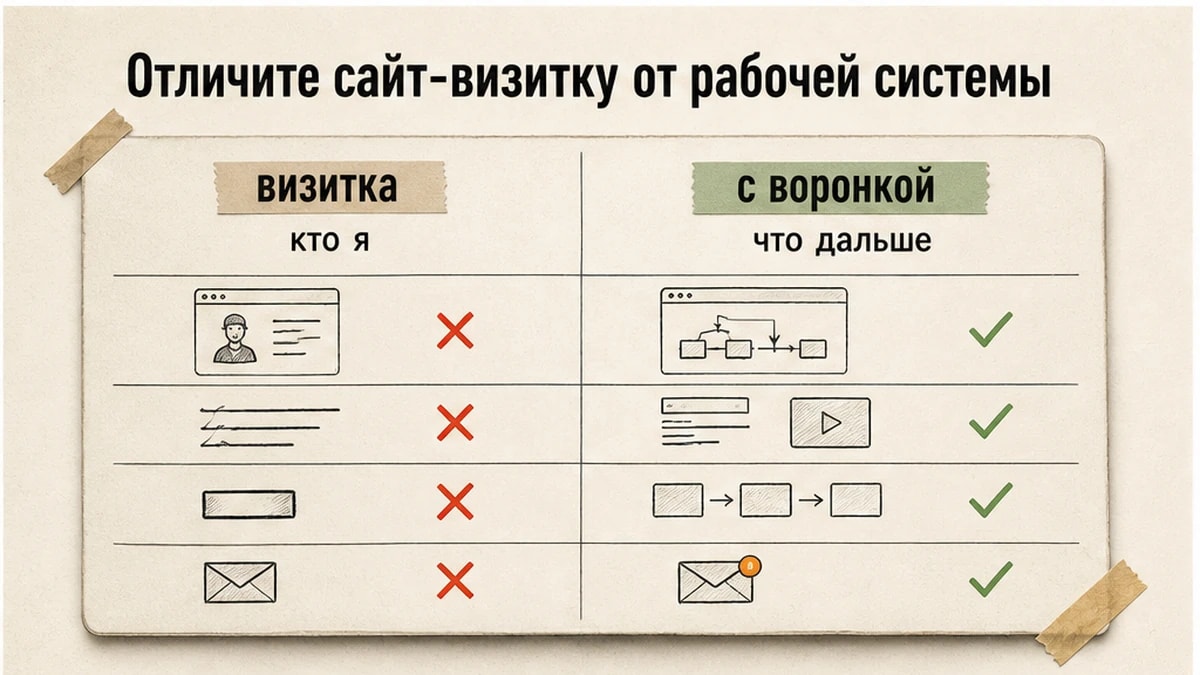 Сравнение сайта-визитки и рабочей системы с воронкой