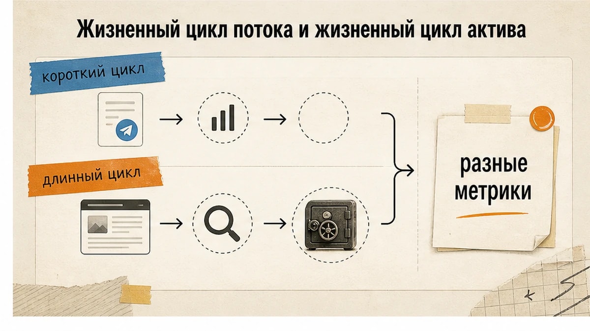 Схема: короткий цикл потока и длинный цикл контент-актива