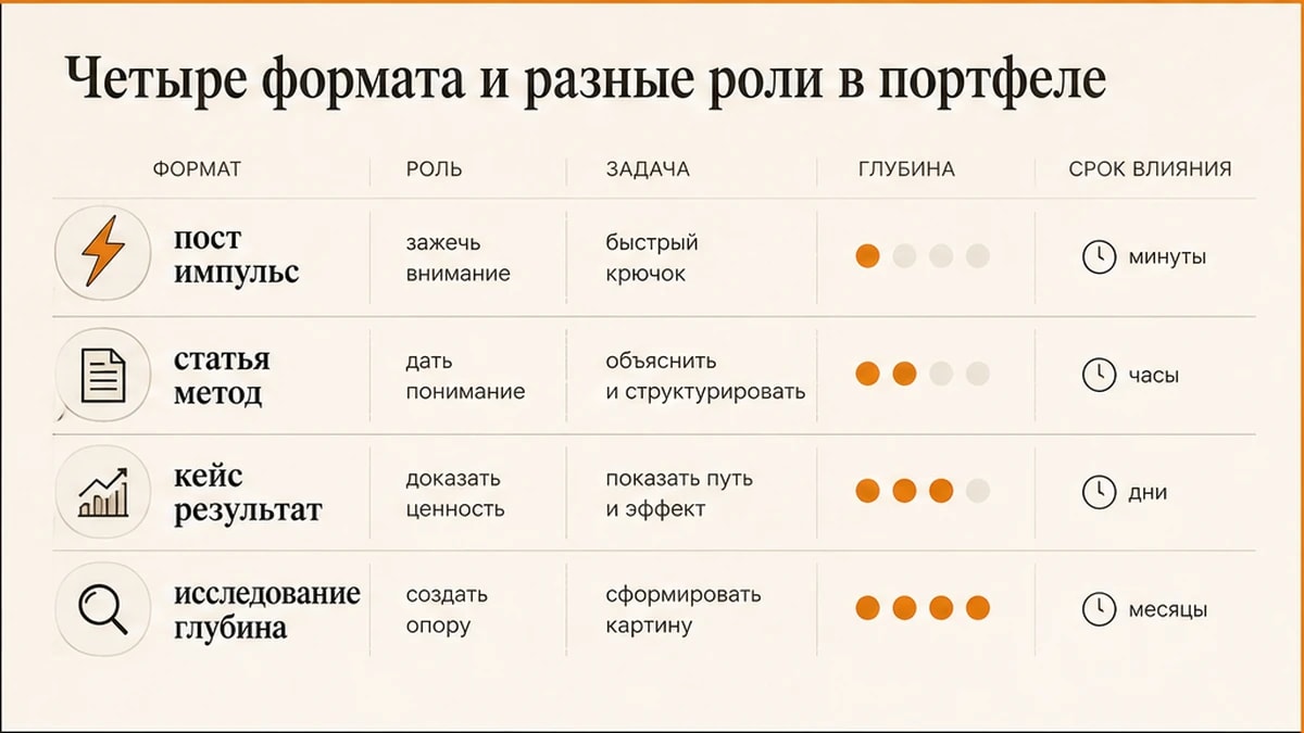 Таблица четырёх форматов экспертного контента и их ролей в портфеле