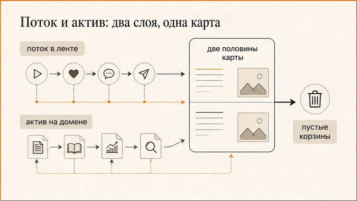 Схема двух слоёв портфеля: поток в ленте и активы на своём домене