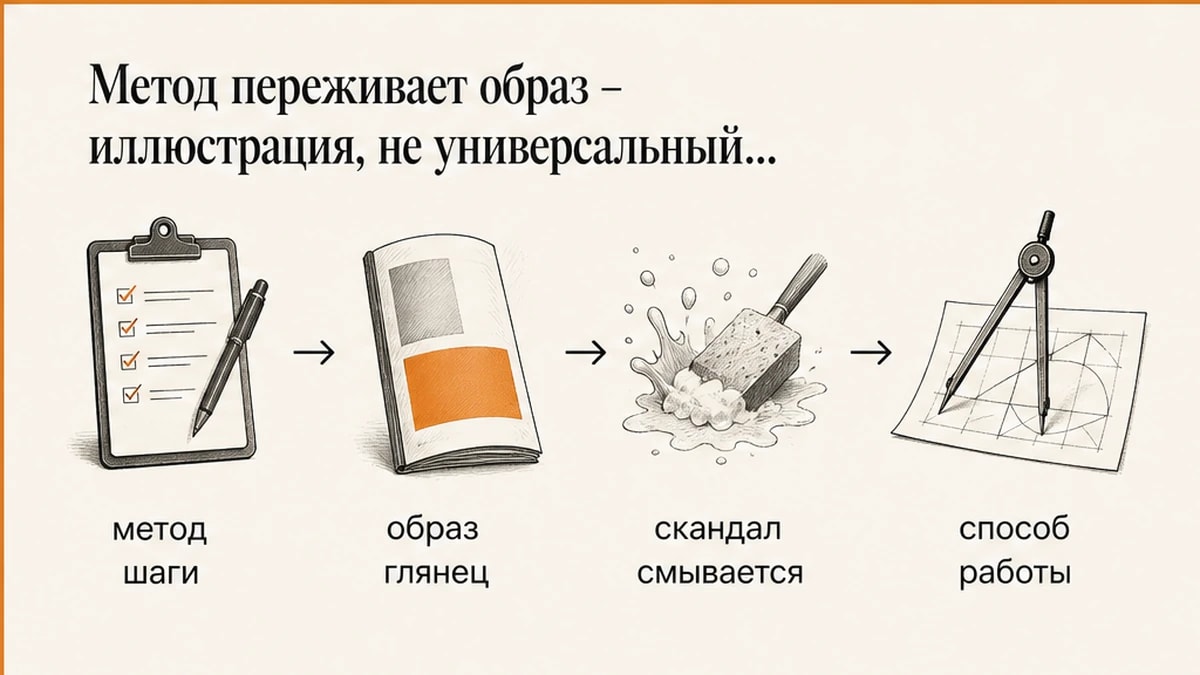 Схема: проверяемый метод переживает глянцевый образ и скандал