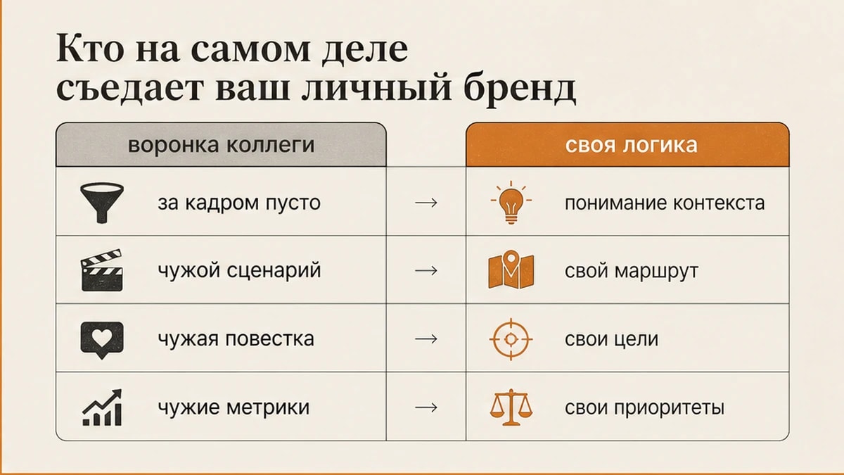 Сравнение импортированной воронки коллеги и собственной логики личного бренда