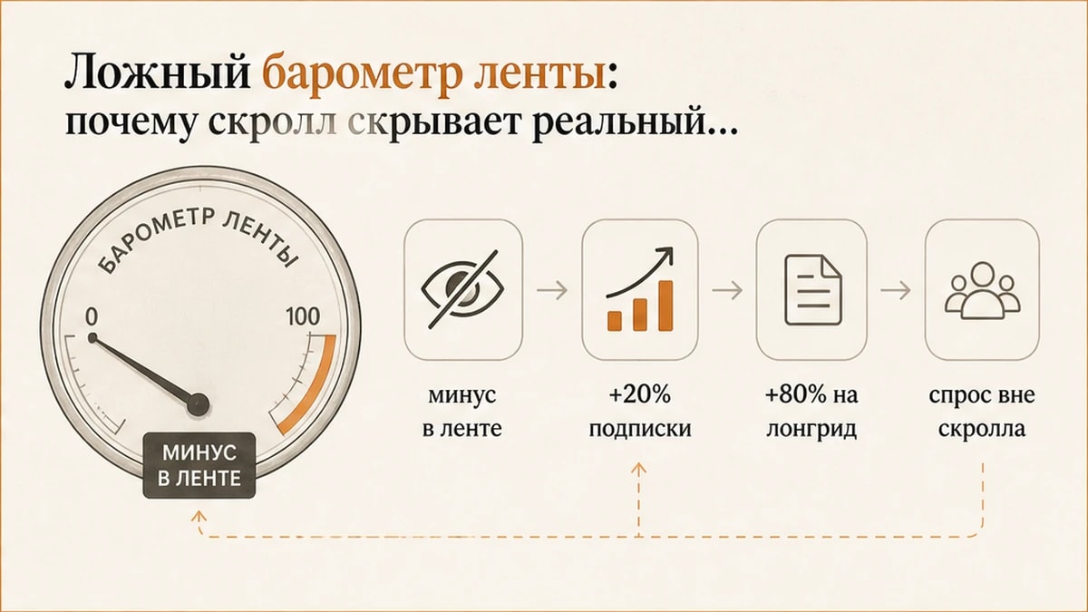 Инфографика: почему скролл ленты скрывает реальный спрос на глубокий контент