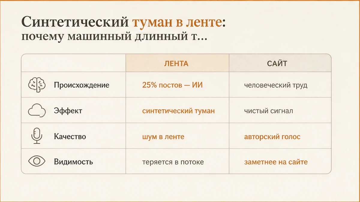 Сравнение синтетического шума в ленте и заметности авторского лонгрида на сайте