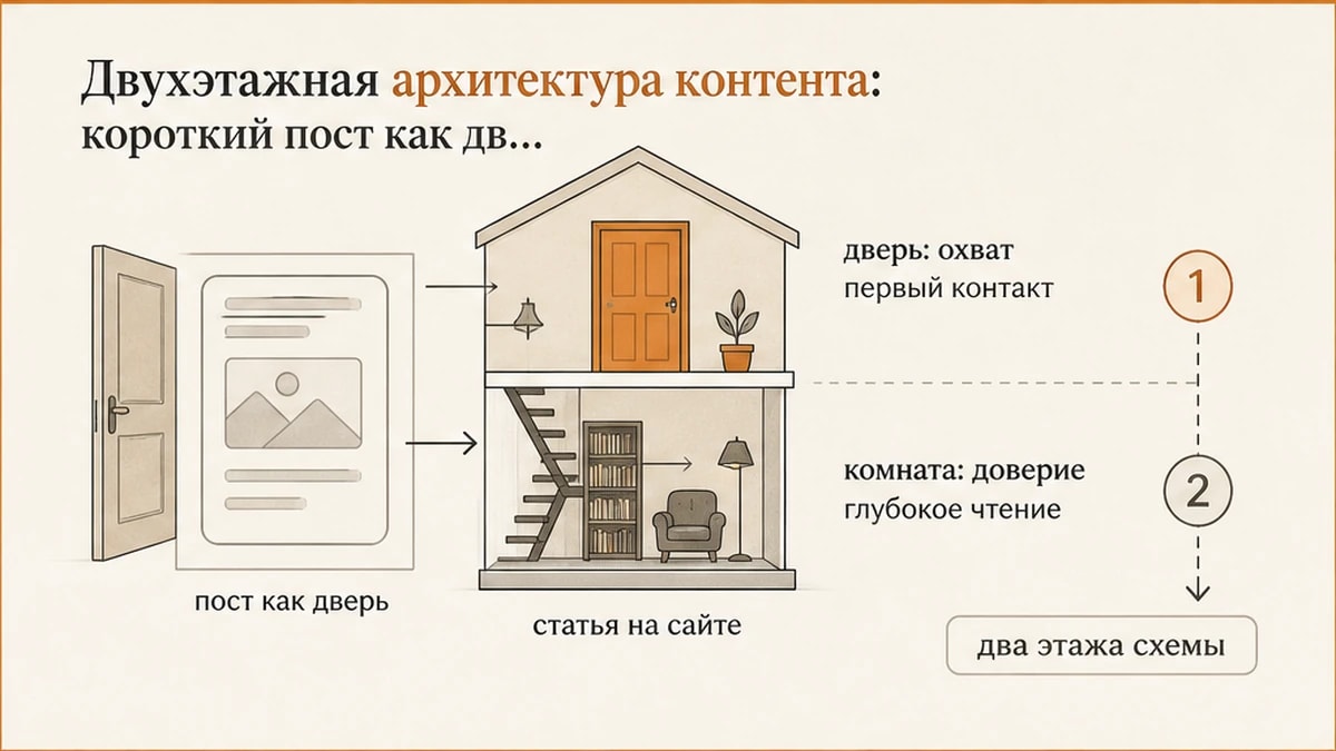 Схема двухэтажной архитектуры: короткий пост как дверь и статья на сайте как комната