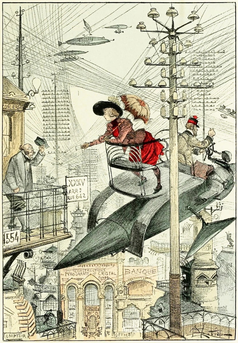 Альбер Робида, A Busy Neighbourhood, гравюра 1890, открытый летательный аппарат