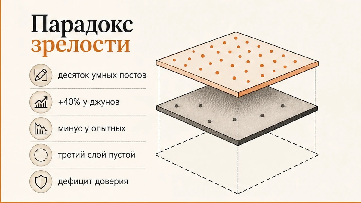 Парадокс зрелости: пересказ дешевеет, а глубина эксперта в ленте не считывается