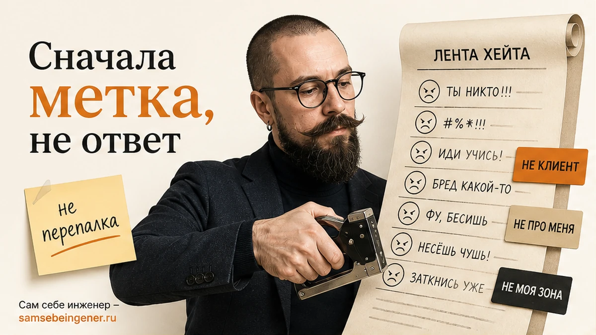 Комментарий под постом эксперта — входящий пакет: сначала метка, потом ответ, Никита Куликов, личный бренд, сам себе инженер