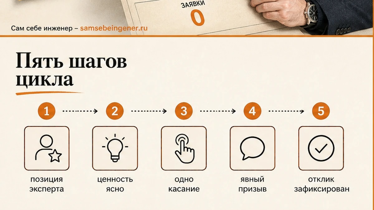 Схема пяти шагов базового цикла продвижения до первого найма подрядчика