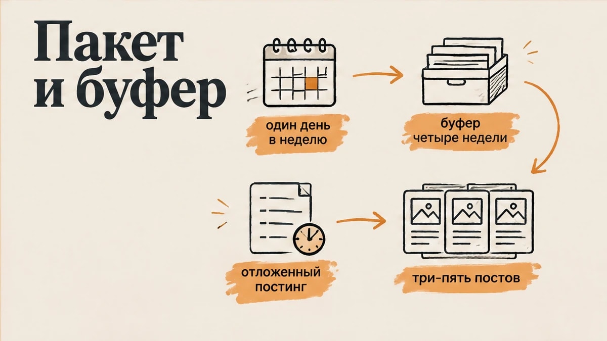 Схема пакетного производства контента с буфером на несколько недель и отложенным постингом