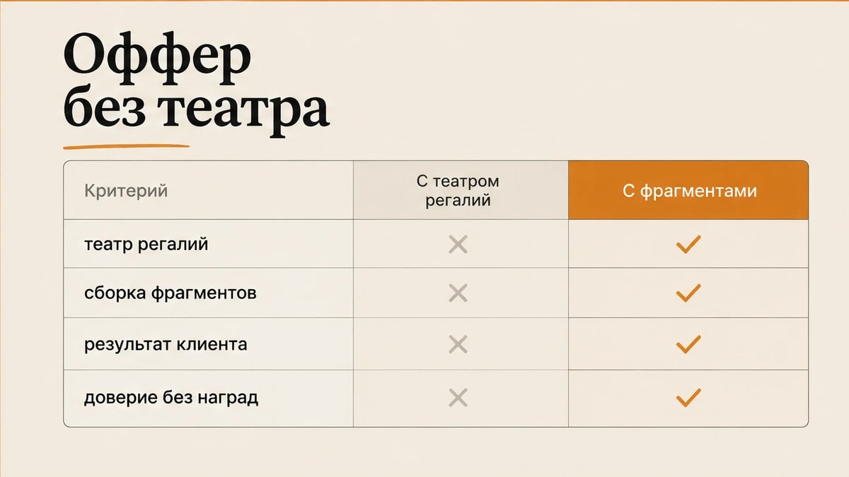 Сравнение: театр регалий против сборки проверяемых фрагментов в оффере эксперта