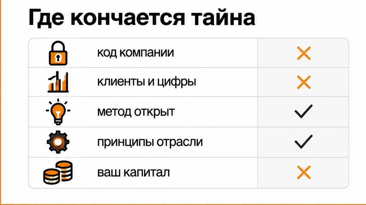 Сравнение того, что защищает NDA, и того, что остаётся личным методом эксперта