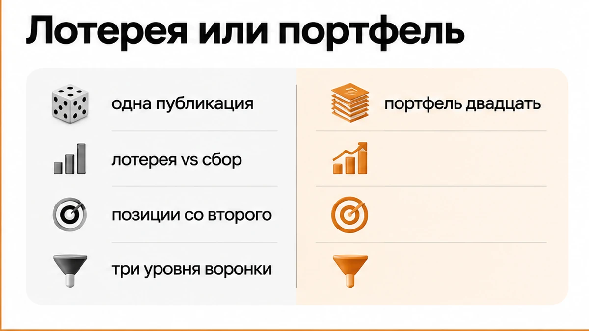 Сравнение одиночной публикации как лотереи и портфеля статей, собирающего поисковый спрос