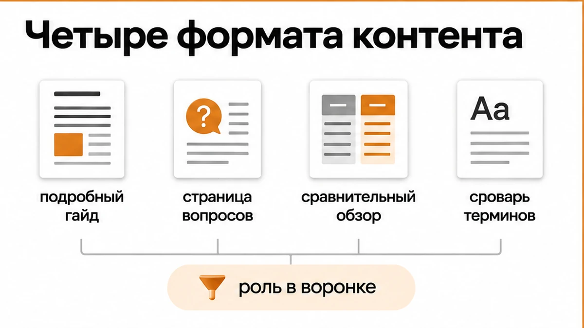 Четыре формата вечнозелёных материалов для долгого поискового спроса и роли в воронке