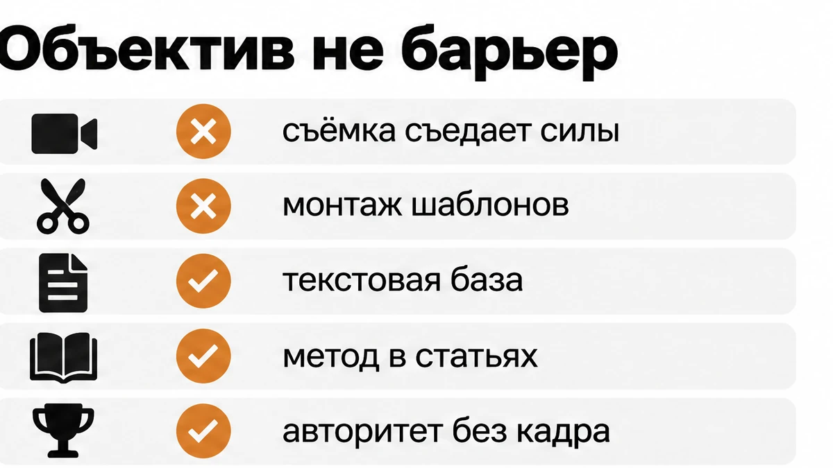 Сравнение съёмочного барьера и текстовой базы как пути к авторитету без камеры