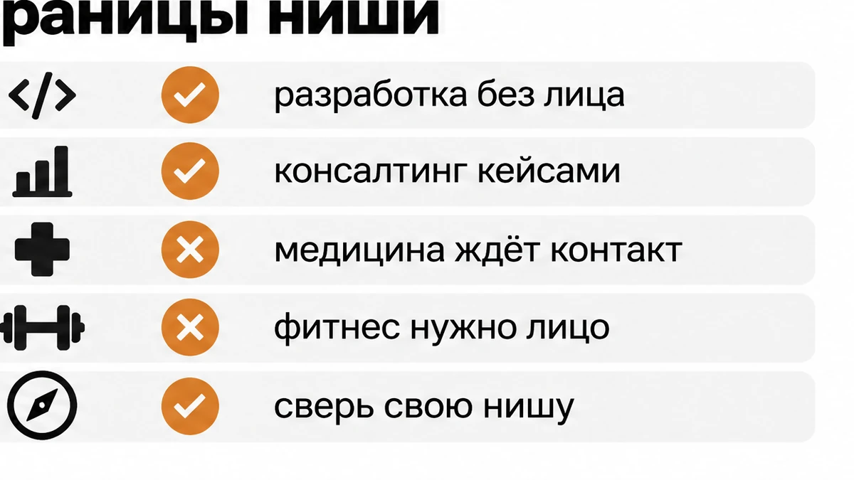 Сравнение ниш, где текст заменяет лицо, и сфер, где нужен визуальный контакт