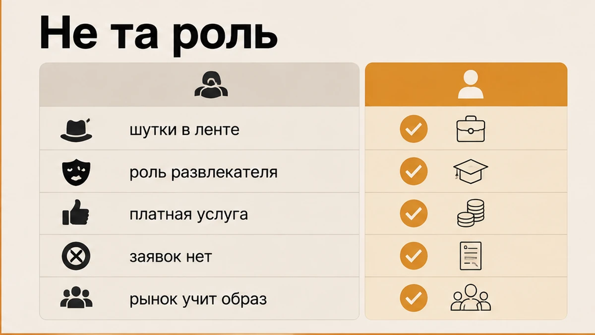 Сравнение развлекательной роли в ленте и экспертной роли, за которую платят