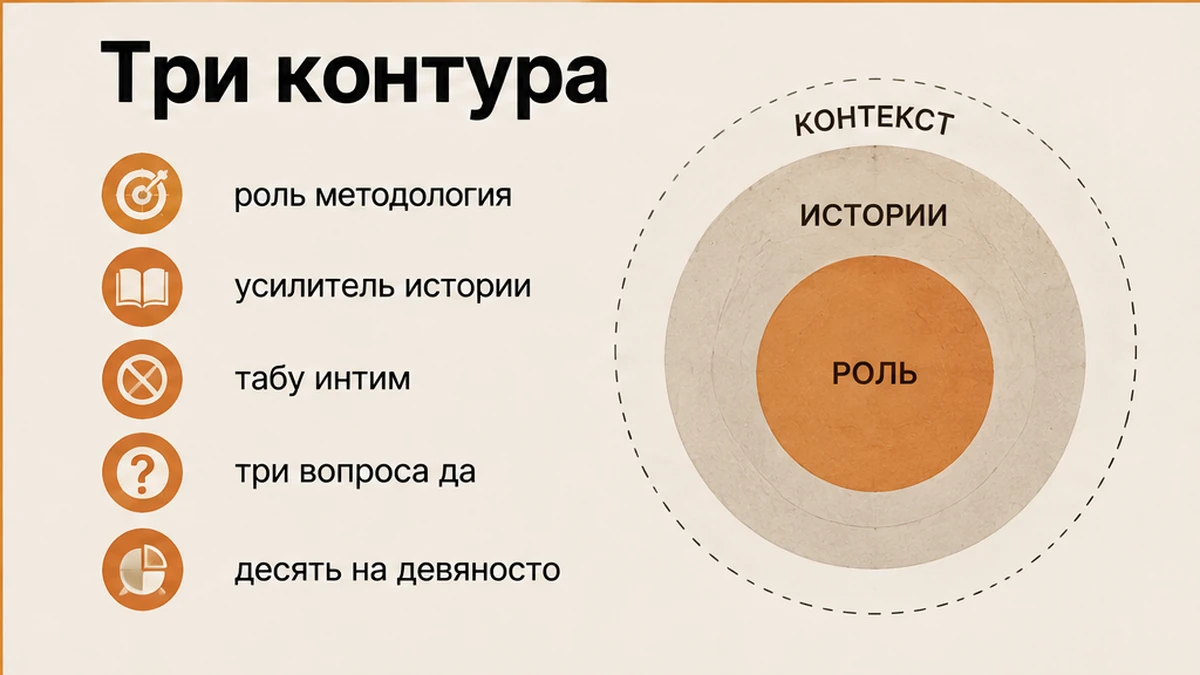Схема трёх контуров публичности: роль, усилители и табу с проверкой перед постом
