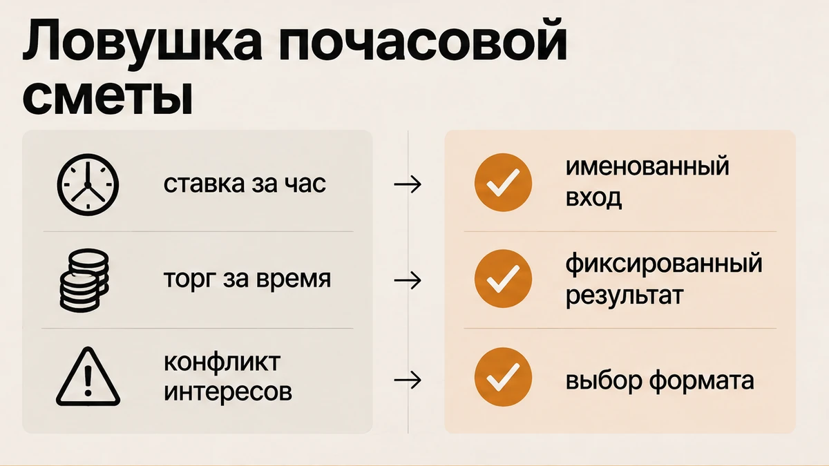 Сравнение почасовой сметы с торгом за время и именованных офферов с фиксированным результатом