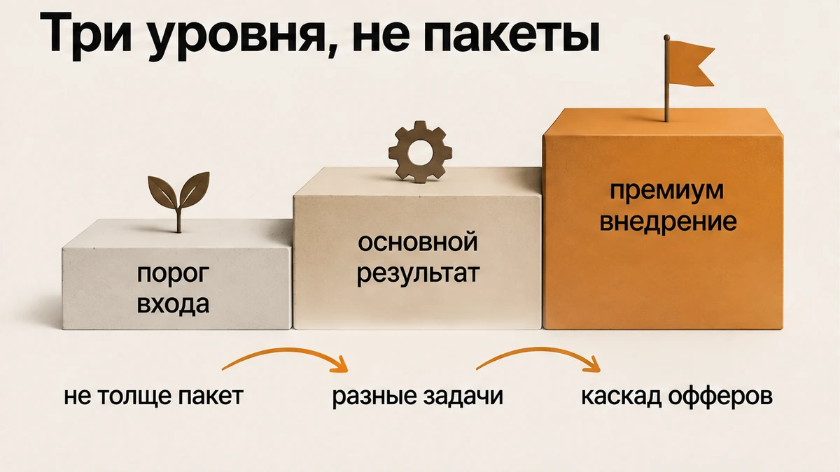 Схема каскада из трёх уровней оффера, где каждая ступень решает другую задачу, а не объём созвонов