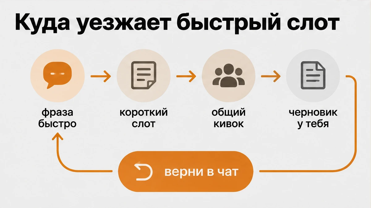 Схема: фраза про быстрый разговор сжимает правки до кивка, задачу возвращают в чат