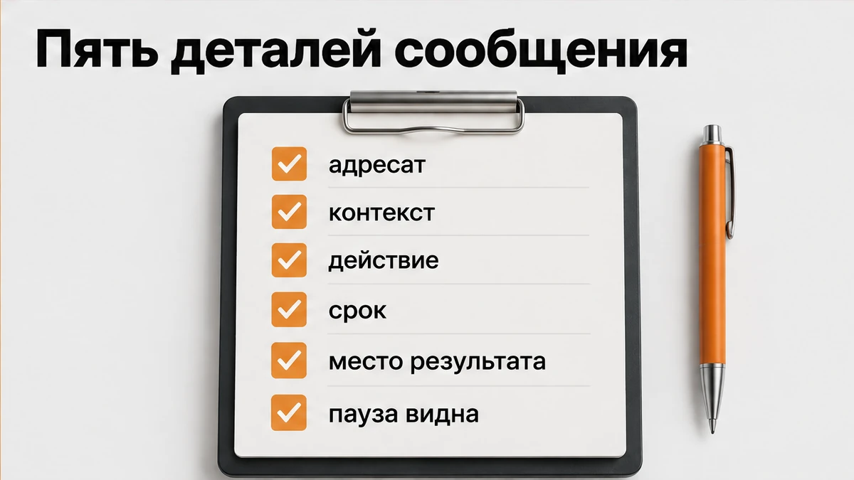 Чеклист сообщения: адресат, контекст, действие, срок и место, куда смотреть результат