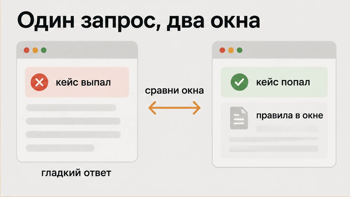 Сравнение одного запроса в двух окнах: кейс выпал и ответ стал гладким против правил, которые попали в окно